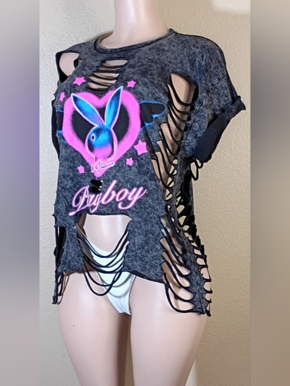 PLAYBOY Black Acid-Wash Custom Distressed Tee with Neon Pink & Blue Bunny - Picture 3 of 5
